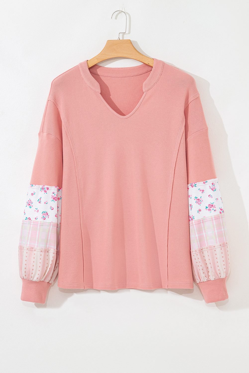 Pink Floral Sleeve Patchwork Waffle Knit Notched V Neck Plus Size Top