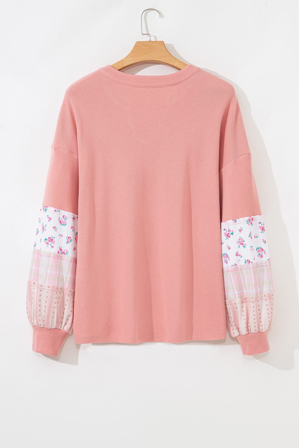 Pink Floral Sleeve Patchwork Waffle Knit Notched V Neck Plus Size Top