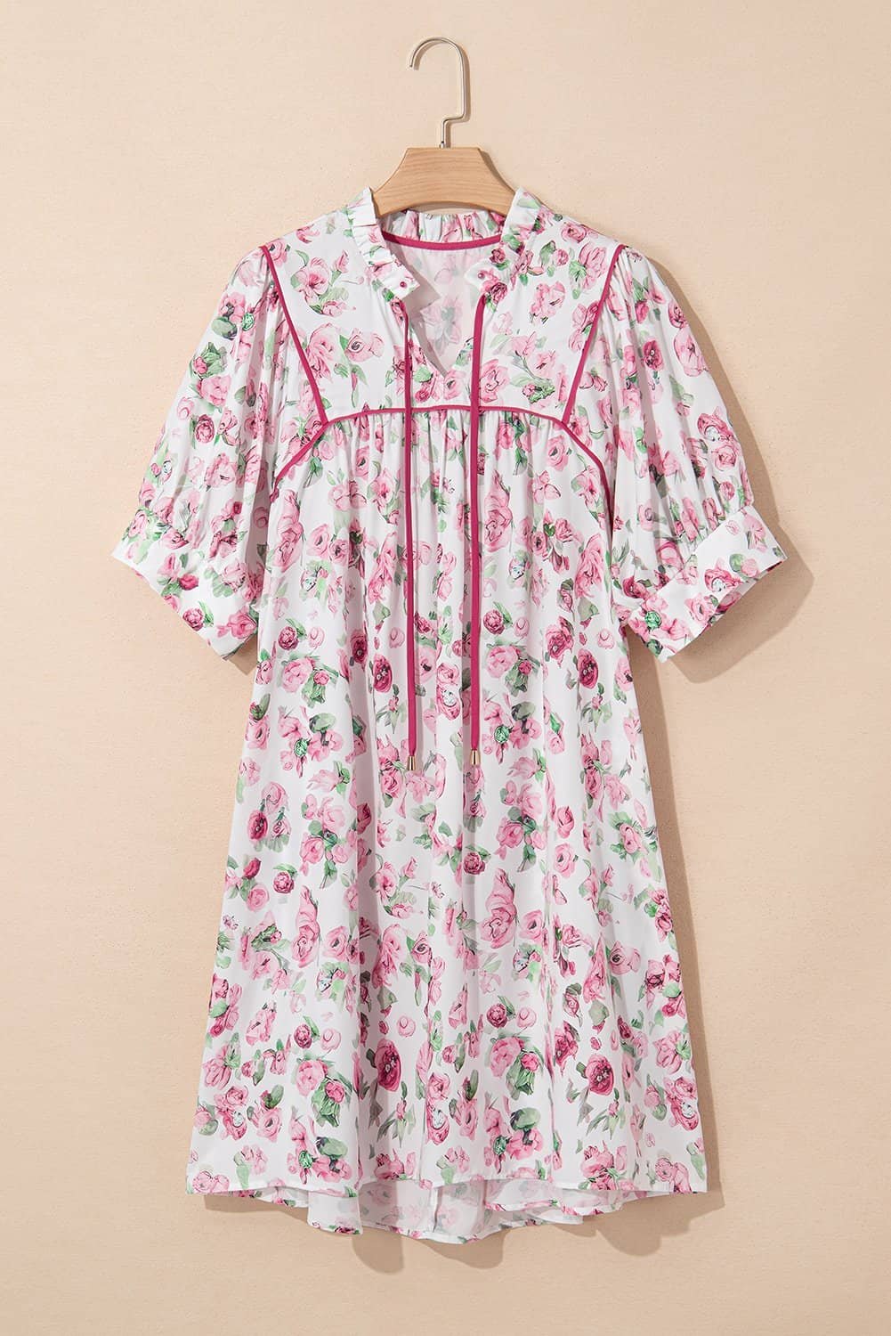 Pink Floral Split Neck Short Sleeve Loose Plus Size Mini Dress