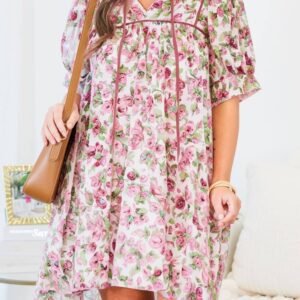 Pink Floral Split Neck Short Sleeve Loose Plus Size Mini Dress