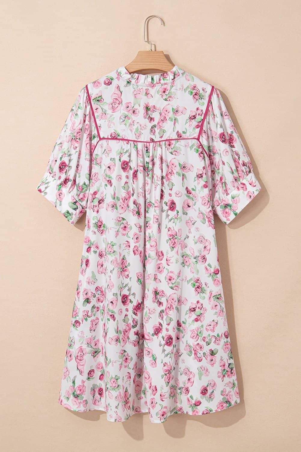 Pink Floral Split Neck Short Sleeve Loose Plus Size Mini Dress