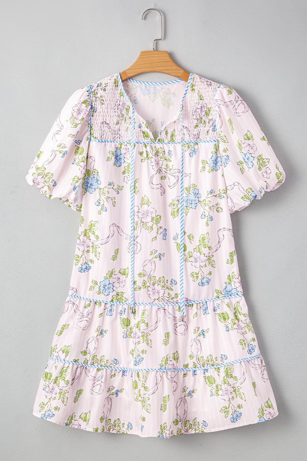Pink Floral Striped Print Contrast Trim Tie Split Neck Mini Dress