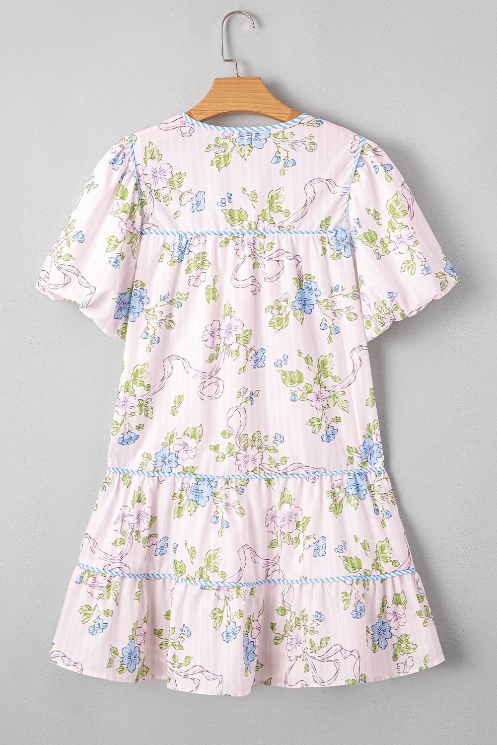 Pink Floral Striped Print Contrast Trim Tie Split Neck Mini Dress