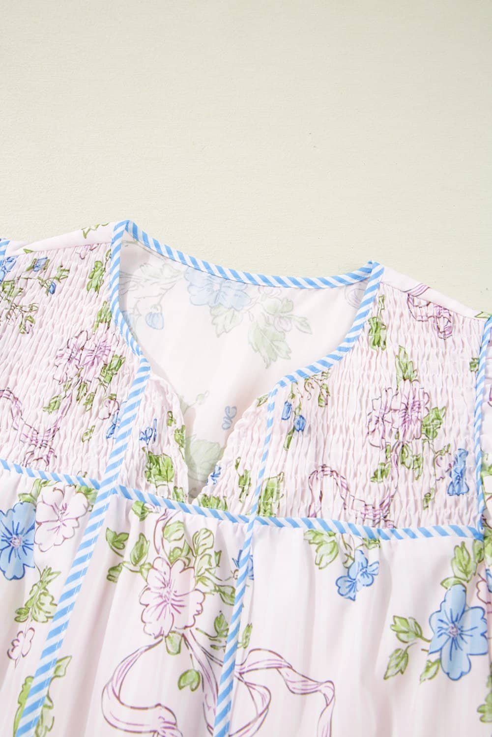 Pink Floral Striped Print Contrast Trim Tie Split Neck Mini Dress