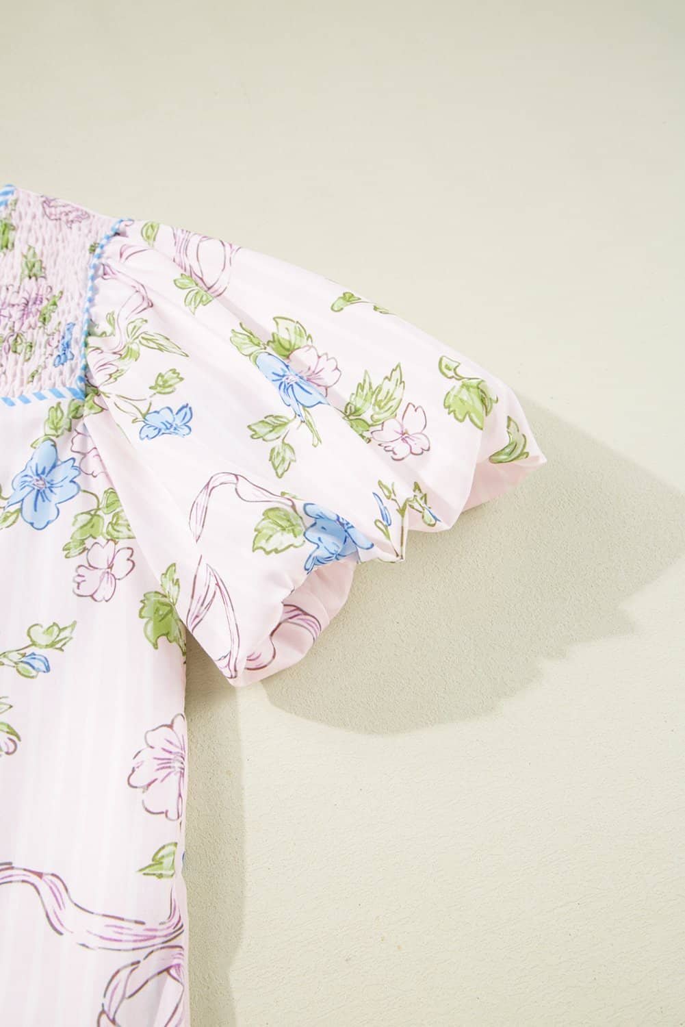 Pink Floral Striped Print Contrast Trim Tie Split Neck Mini Dress