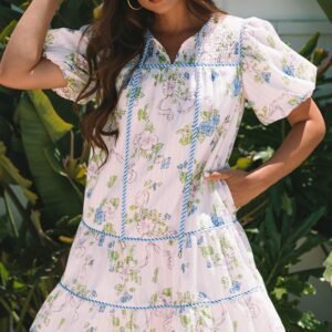Pink Floral Striped Print Contrast Trim Tie Split Neck Mini Dress