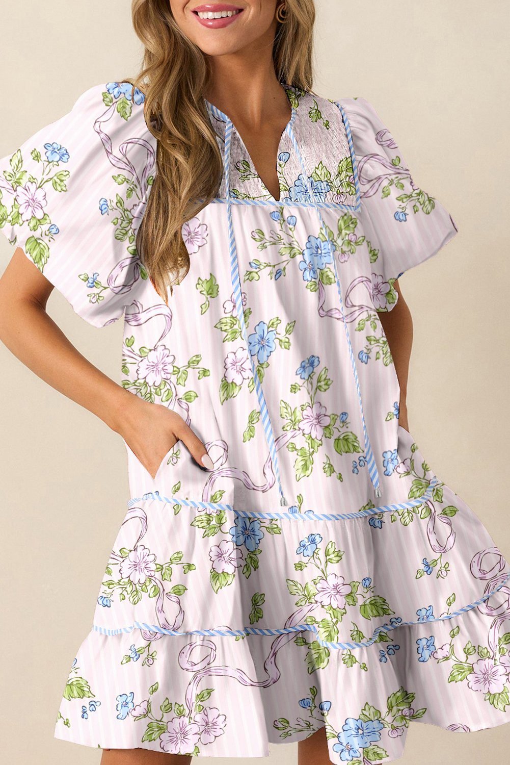 Pink Floral Striped Print Contrast Trim Tie Split Neck Mini Dress