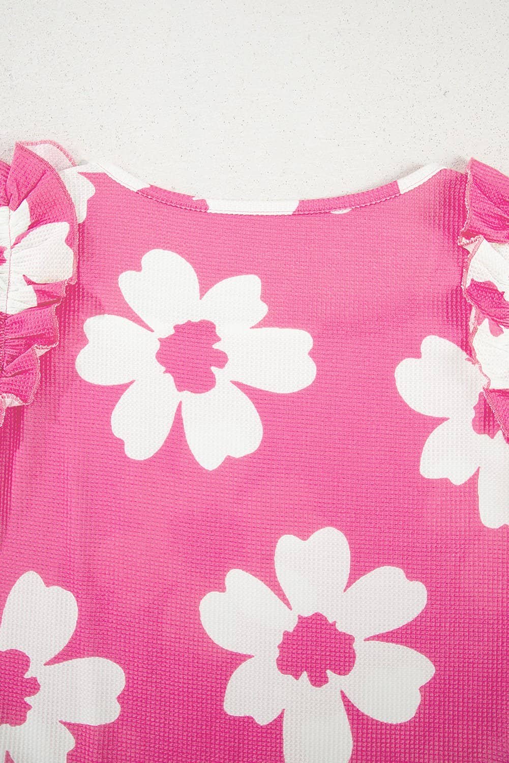 Pink Floral Textured Ruffled Short Sleeve Square Neck Blouse