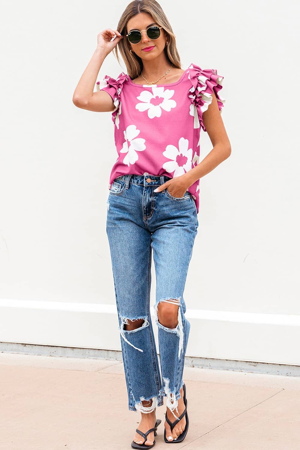 Pink Floral Textured Ruffled Short Sleeve Square Neck Blouse
