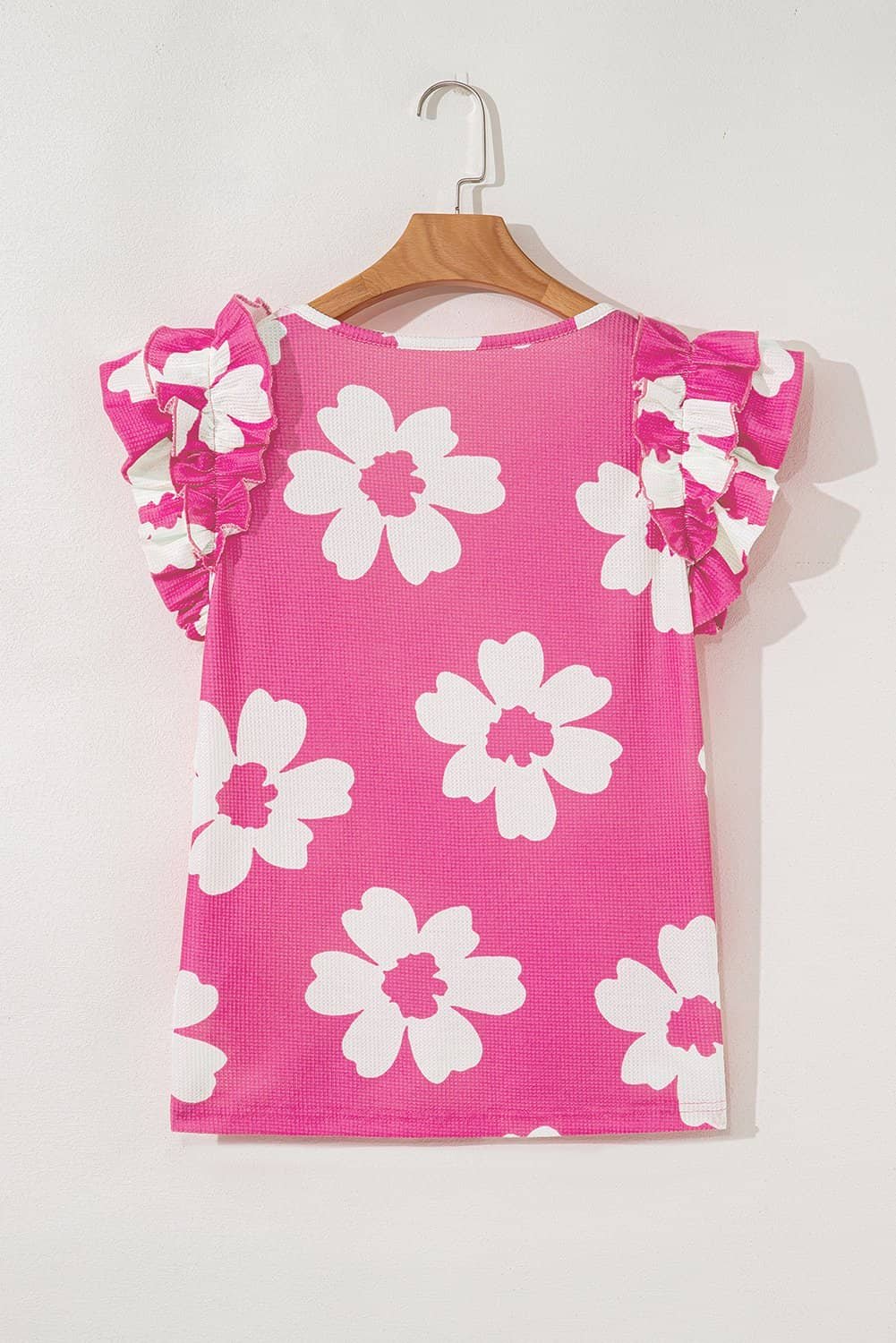 Pink Floral Textured Ruffled Short Sleeve Square Neck Blouse