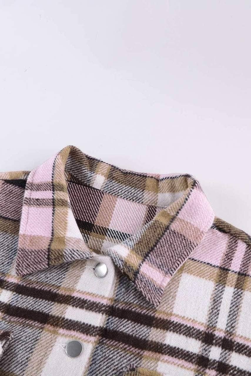 Pink Geometric Plaid Print Pocketed Shirt
