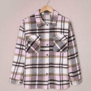 Pink Geometric Plaid Print Pocketed Shirt