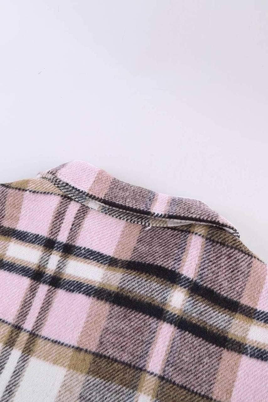 Pink Geometric Plaid Print Pocketed Shirt