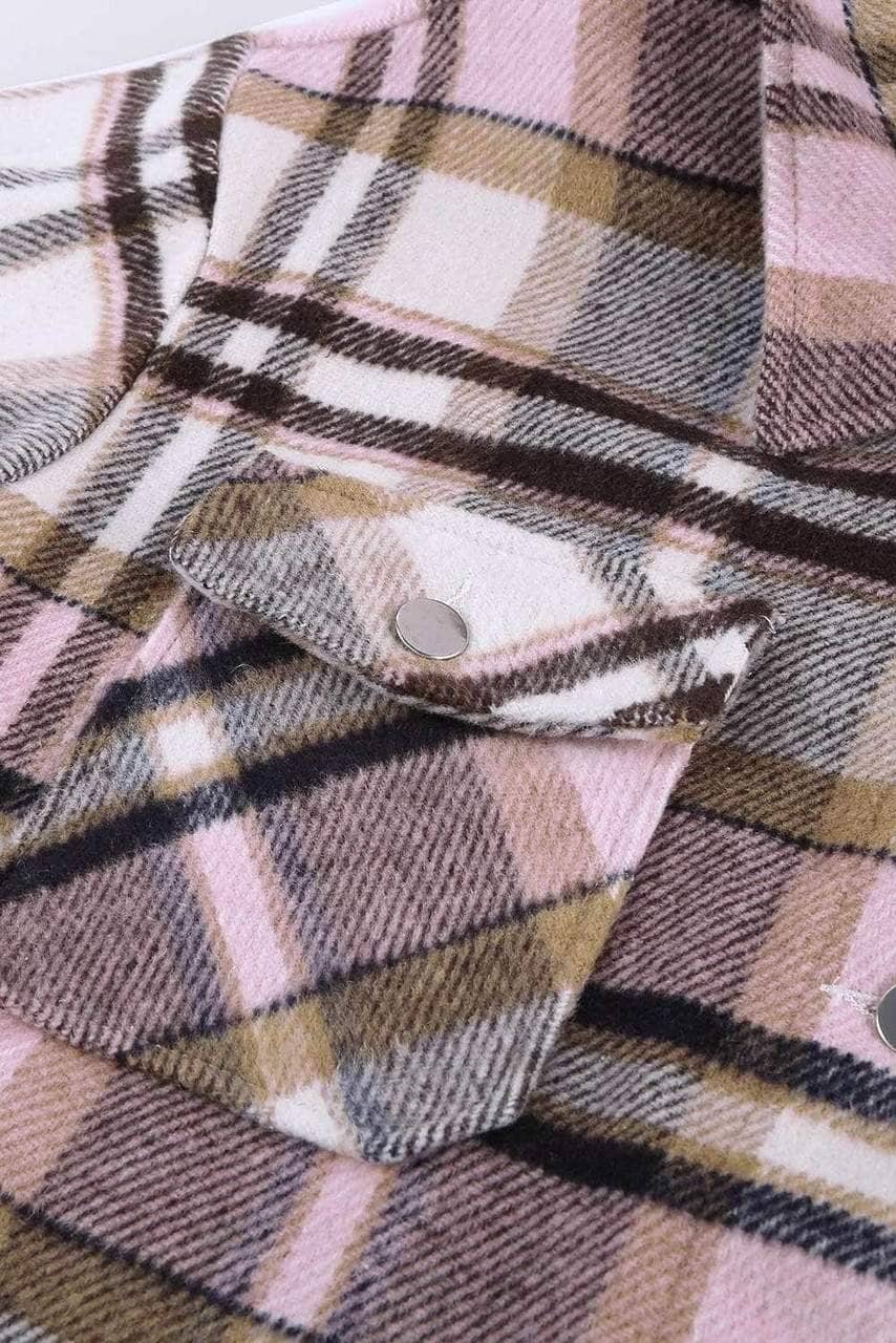 Pink Geometric Plaid Print Pocketed Shirt