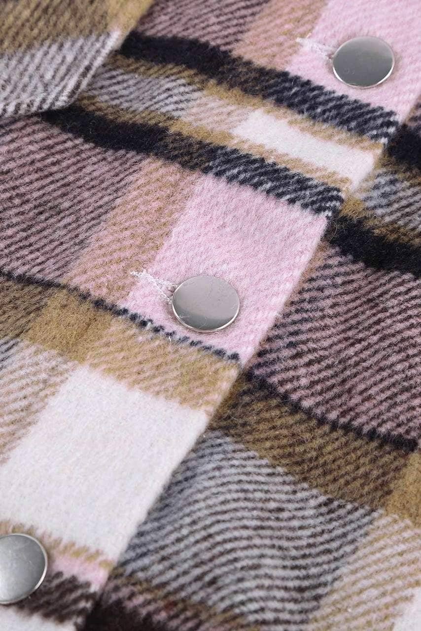 Pink Geometric Plaid Print Pocketed Shirt