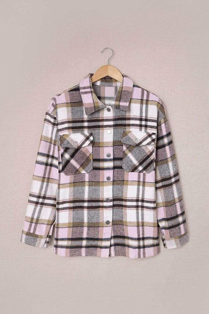 Pink Geometric Plaid Print Pocketed Shirt