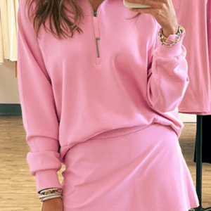 Pink Half Zip Sporty Pullover Mini Skirt 2Pcs Outfit