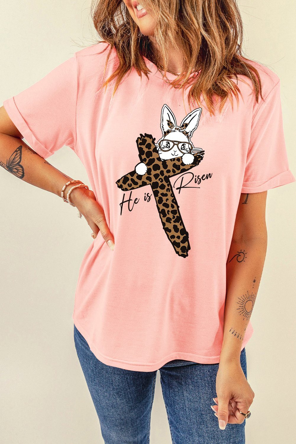 Pink He Is Risen Easter Bunny Leopard Cross Graphic Tee