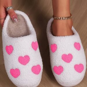 Pink Heart Pattern Valentines Fuzzy Winter Slippers