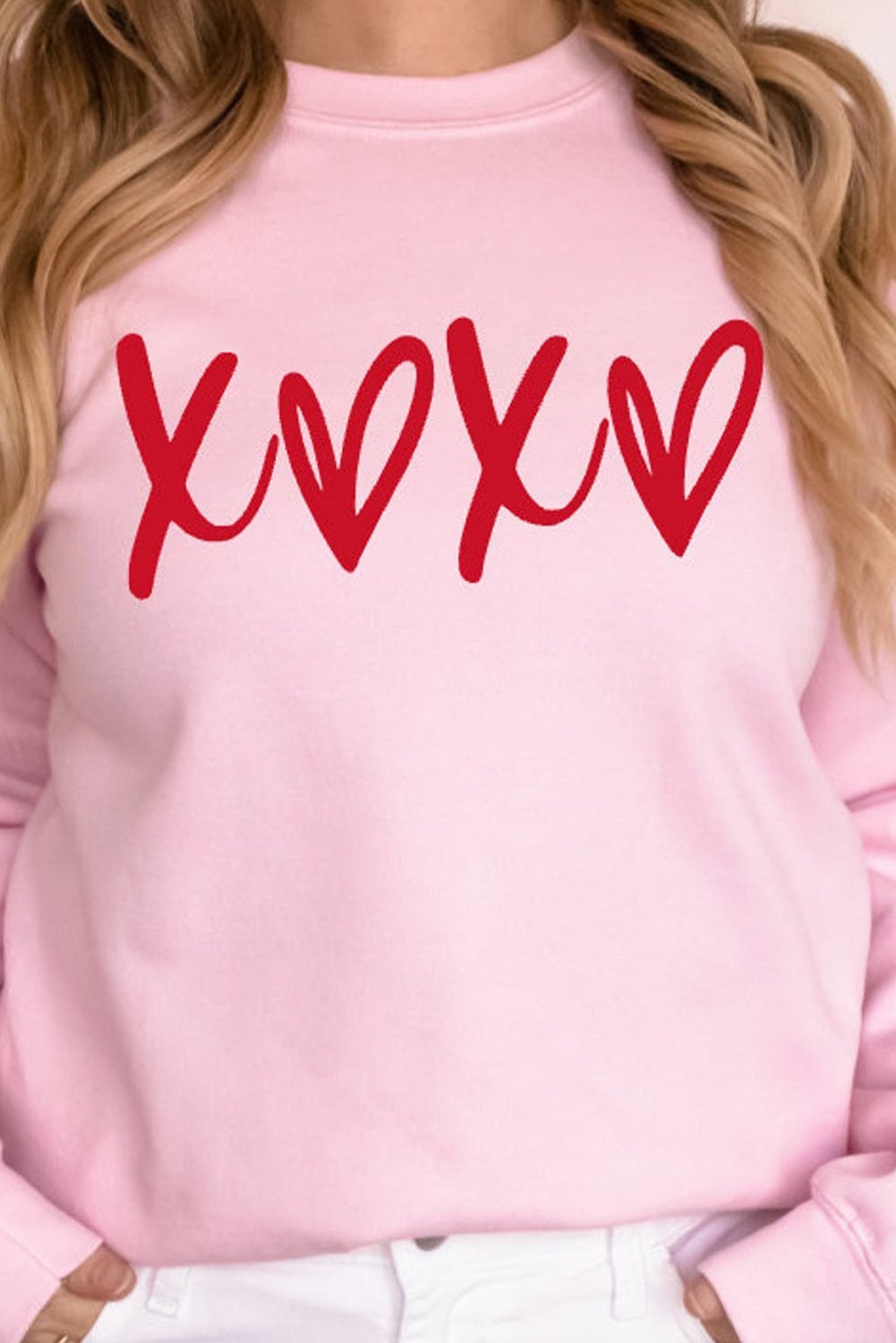 Pink Heart Xoxo Graphic Crewneck Drop Shoulder Valentines Sweatshirt