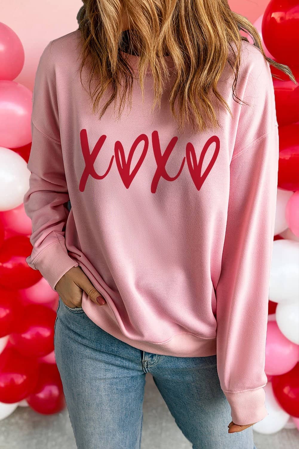 Pink Heart Xoxo Graphic Crewneck Drop Shoulder Valentines Sweatshirt