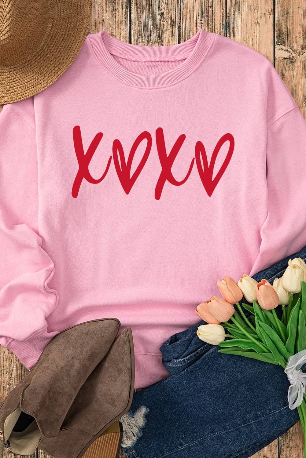 Pink Heart Xoxo Graphic Crewneck Drop Shoulder Valentines Sweatshirt