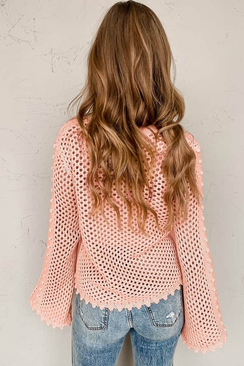 Pink Hollowed Eyelets Knit Bell Sleeve Sweater