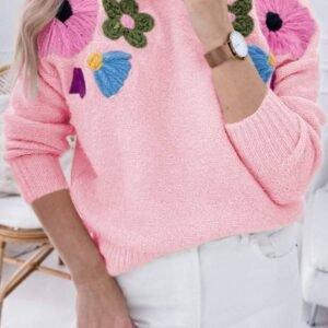 Pink Knitted Flower Pattern Ribbed Edge Sweater