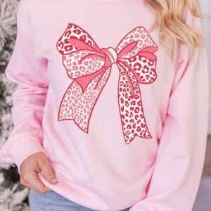 Pink Leopard Bowknot Printed Crewneck Pullover Sweatshirt
