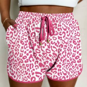 Pink Leopard Elastic Waist Lace Up Contrast Trim Casual Shorts
