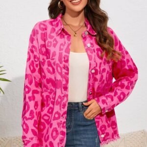 Pink Leopard Print Button Cuffs Raw Hem Jacket