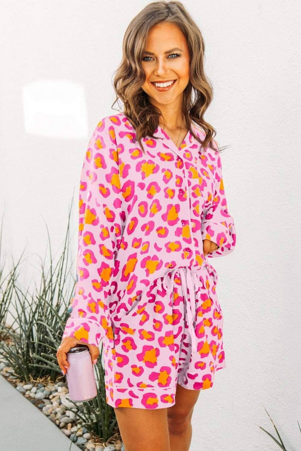 Pink Leopard Print Long Sleeve Shirt And Shorts Pajama Set