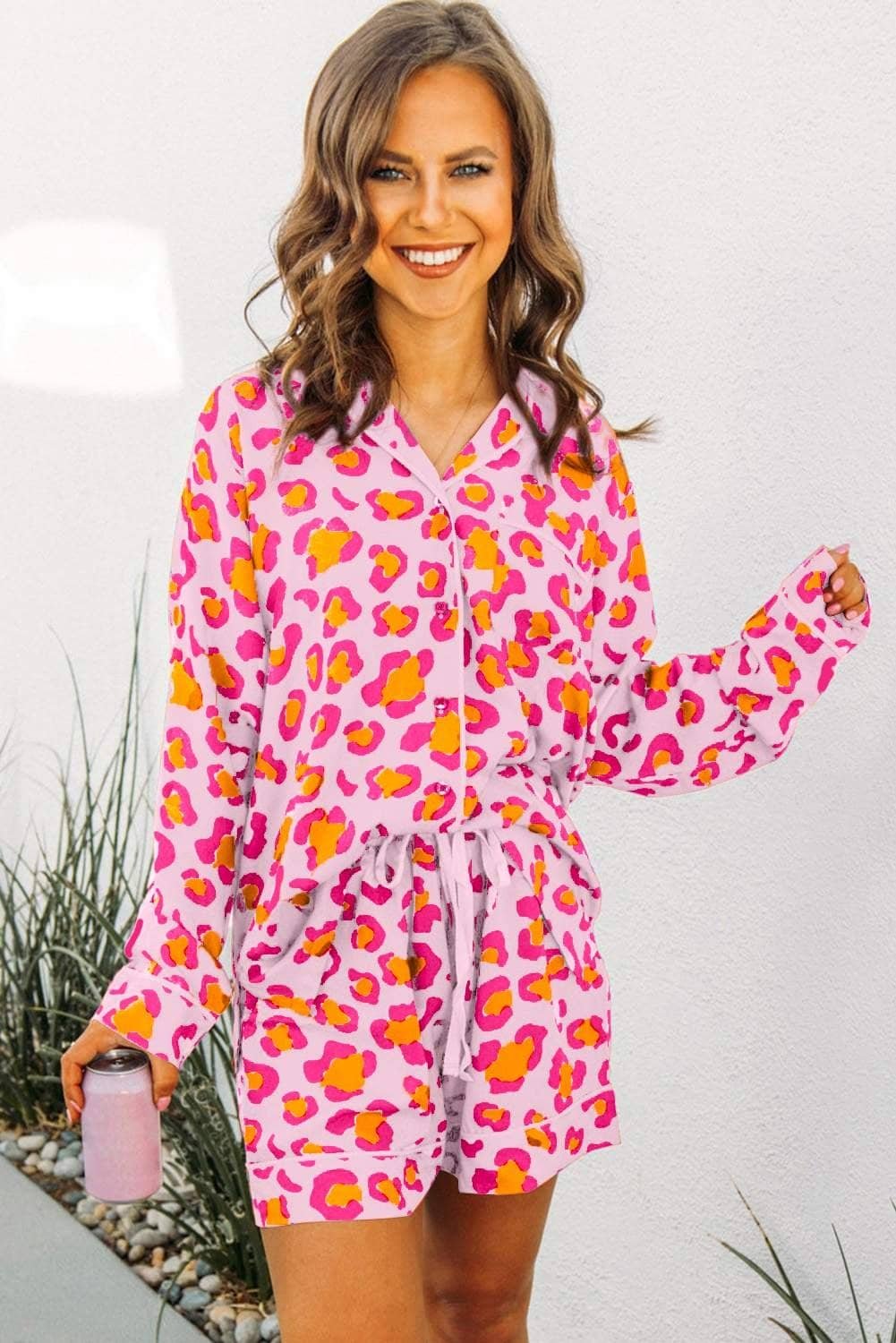 Pink Leopard Print Long Sleeve Shirt And Shorts Pajama Set