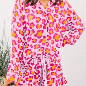 Pink Leopard Print Long Sleeve Shirt And Shorts Pajama Set