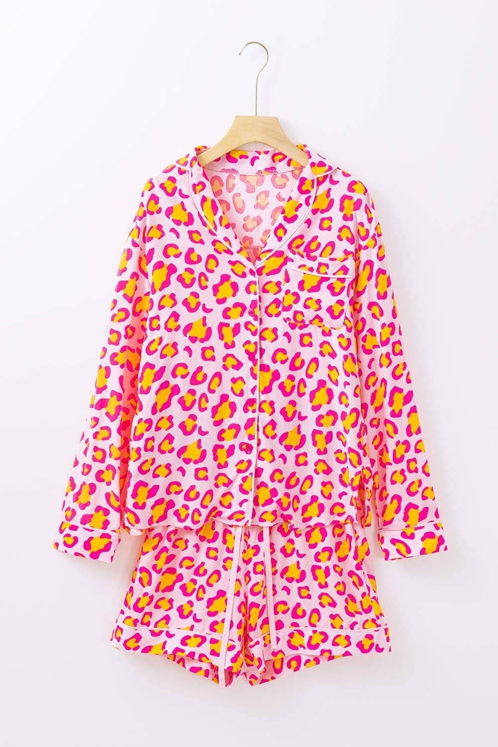 Pink Leopard Print Long Sleeve Shirt And Shorts Pajama Set