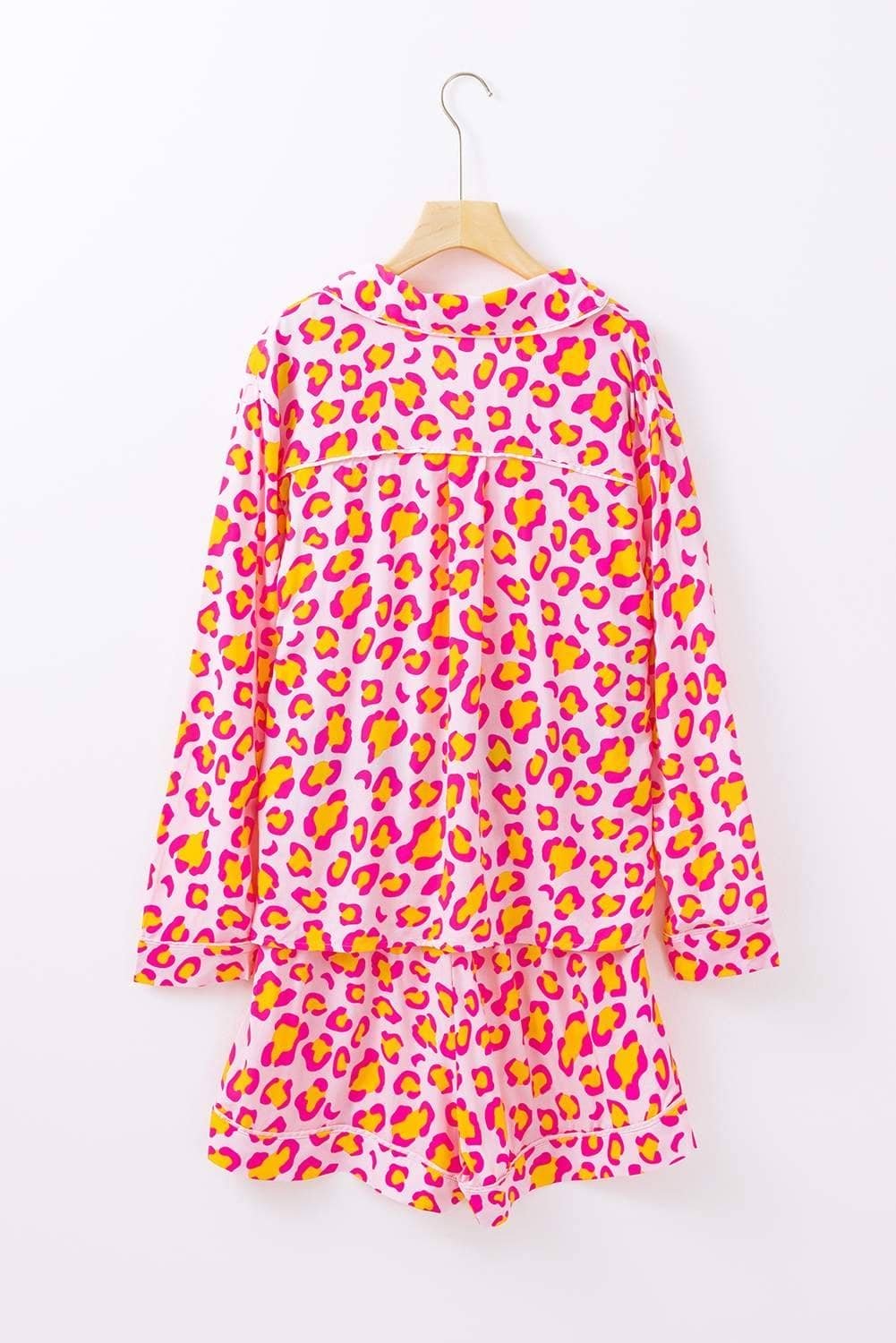 Pink Leopard Print Long Sleeve Shirt And Shorts Pajama Set