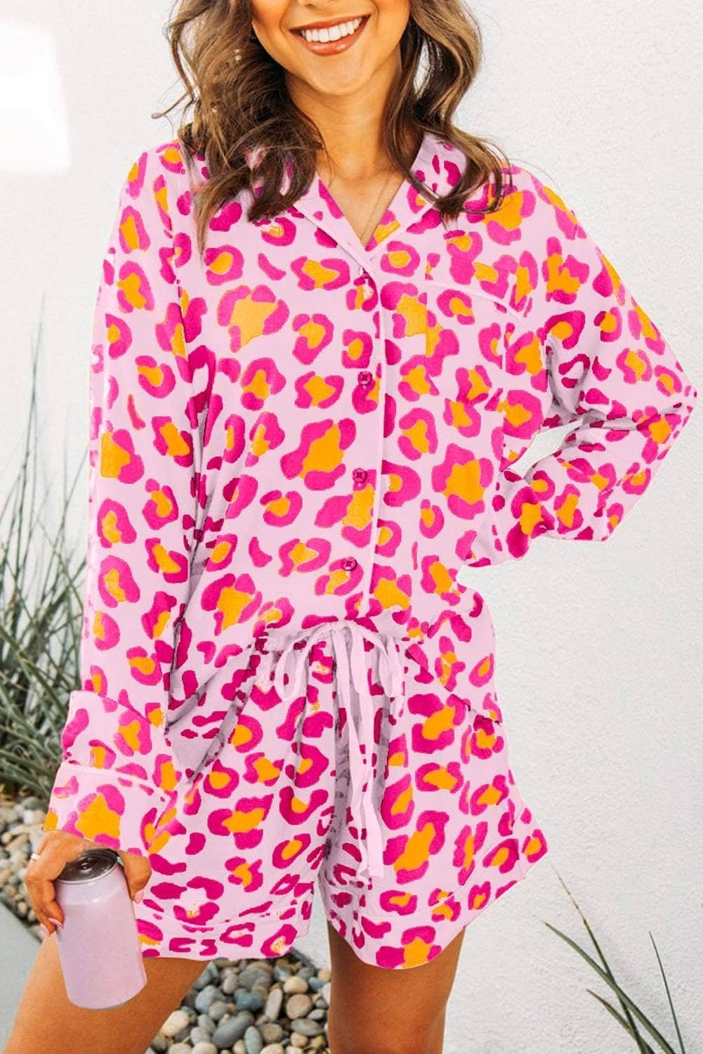 Pink Leopard Print Long Sleeve Shirt And Shorts Pajama Set