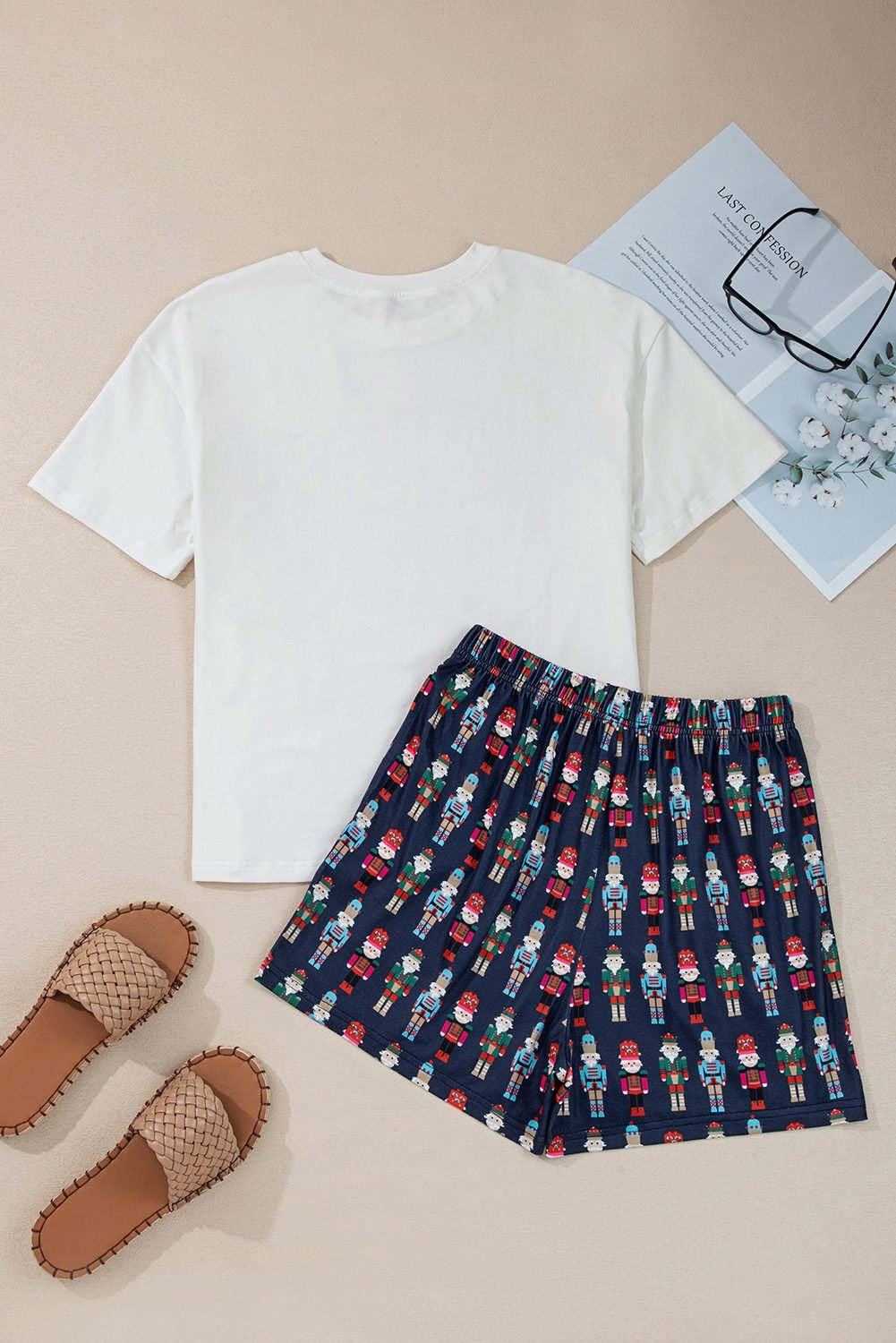 Pink Mama Claus Plaid Letter Tee Nutcracker Shorts 2Pcs Lounge Set