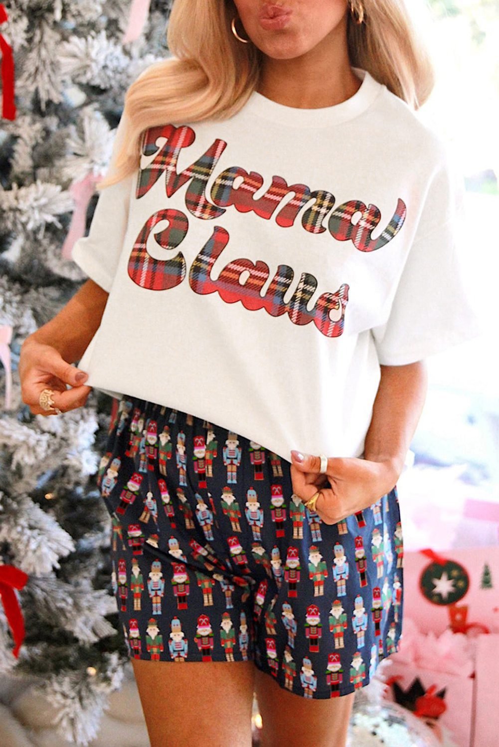 Pink Mama Claus Plaid Letter Tee Nutcracker Shorts 2Pcs Lounge Set