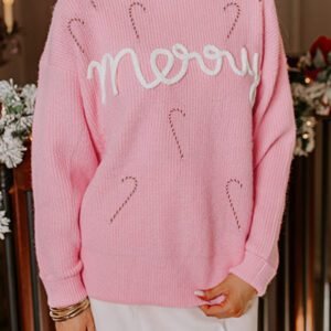 Pink Merry Candy Cane Puffy Knit Crew Neck Sweater