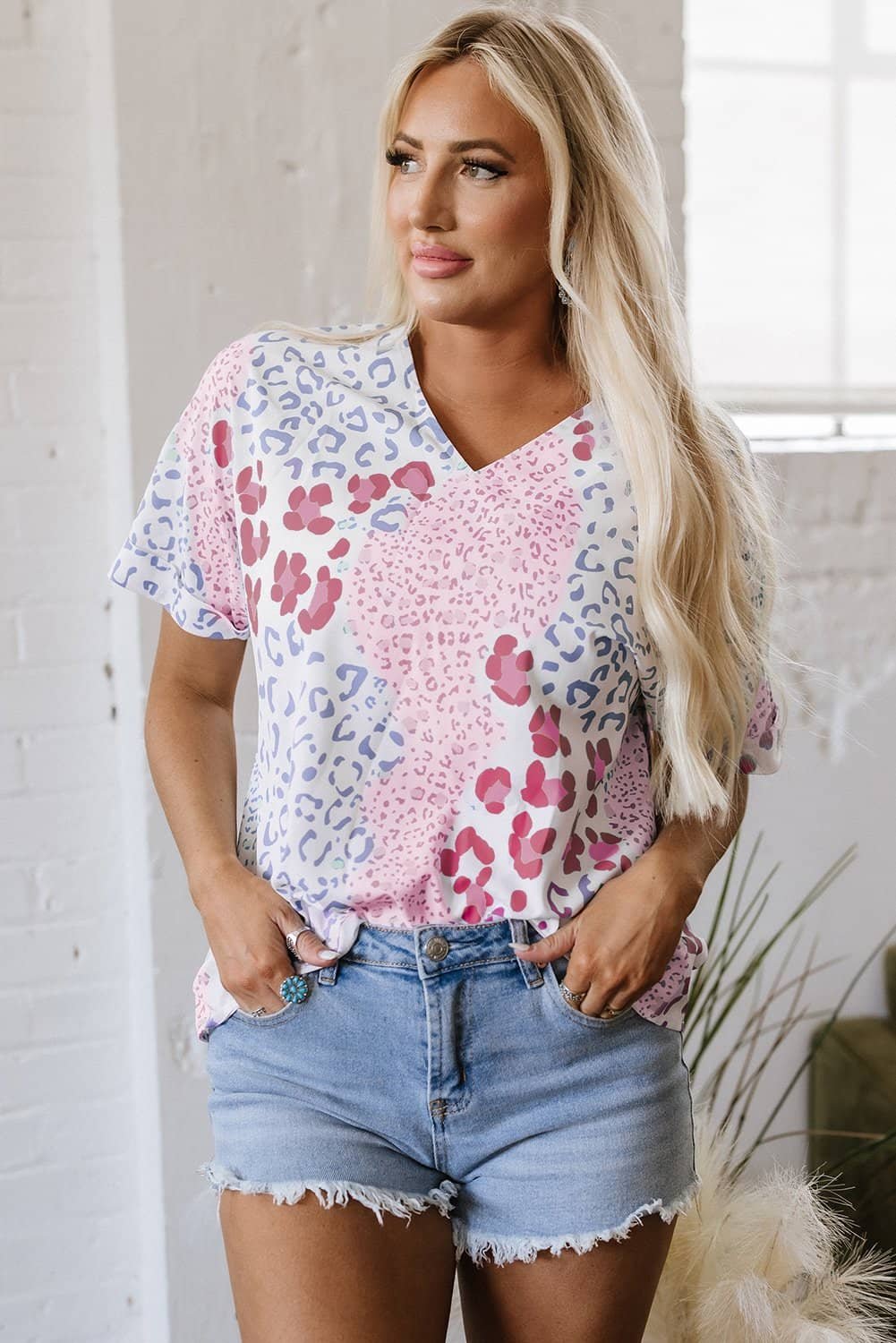 Pink Mixed Leopard Print V Neck Short Sleeve Blouse