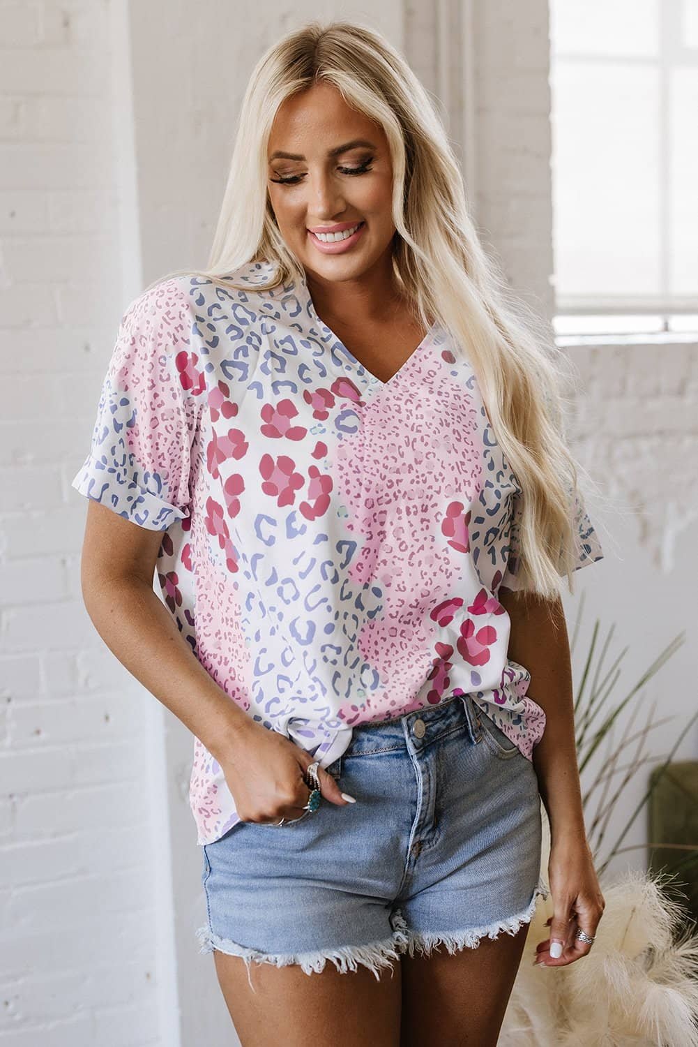 Pink Mixed Leopard Print V Neck Short Sleeve Blouse