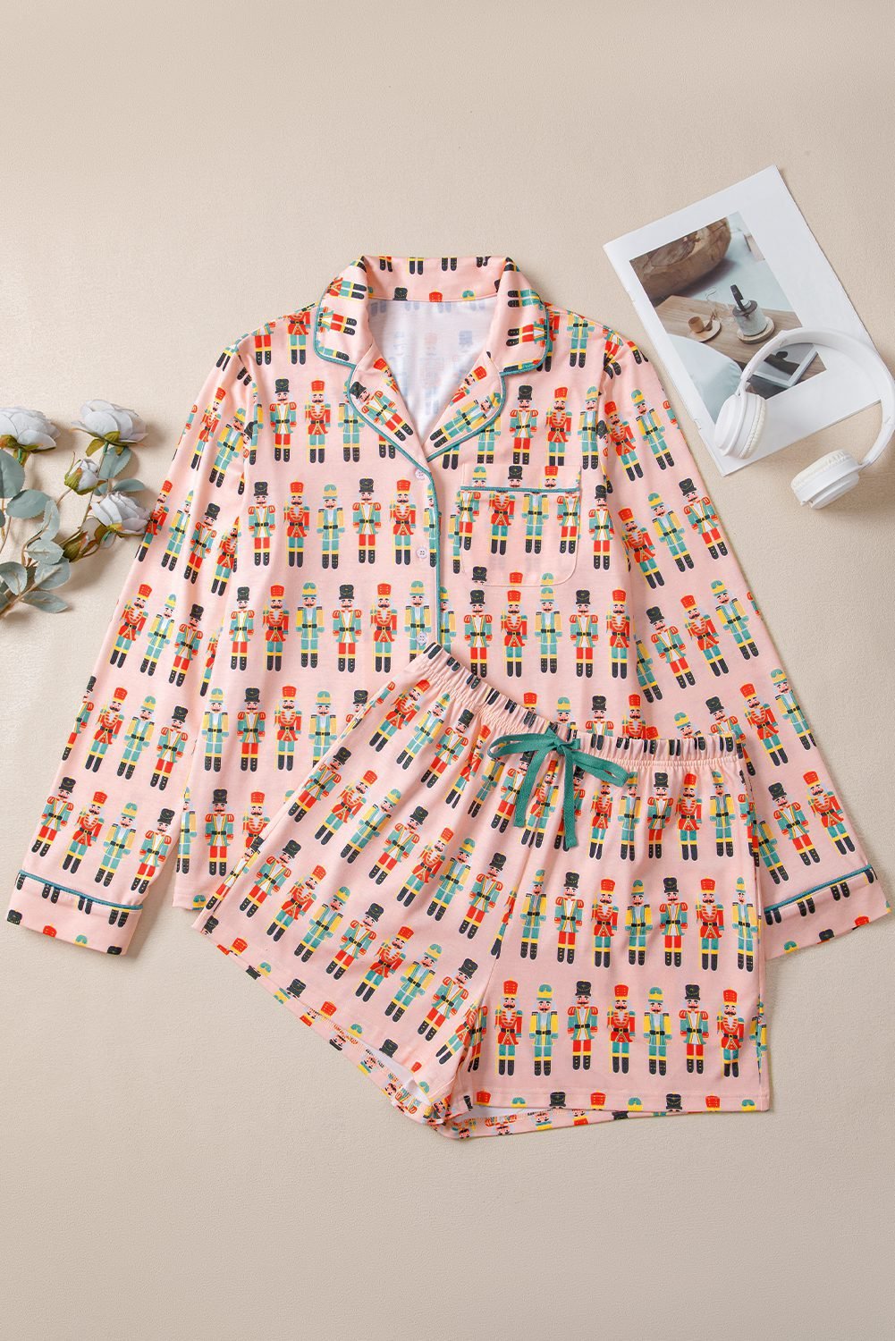 Pink Nutcracker March Long Sleeve Button Up 2Pcs Pajama Short Set