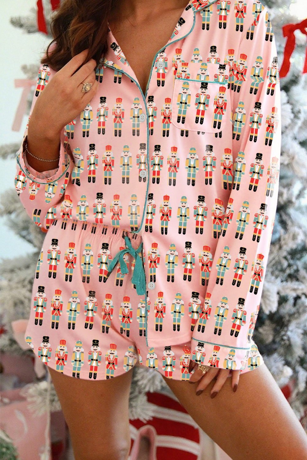 Pink Nutcracker March Long Sleeve Button Up 2Pcs Pajama Short Set