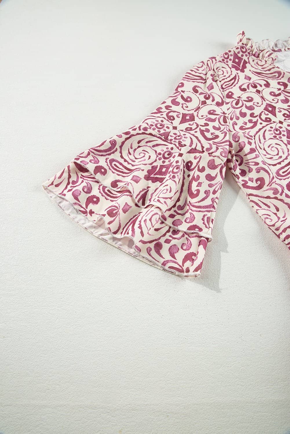 Pink Paisley Print Tiered 3/4 Sleeve Notched Neck Mini Dress
