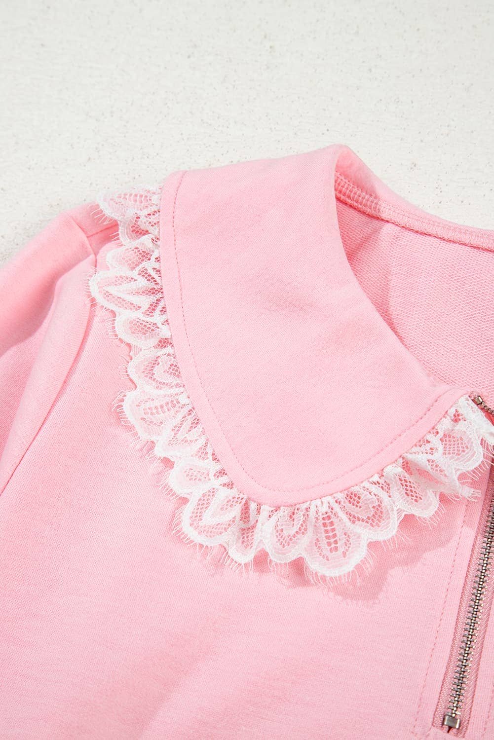 Pink Peter Pan Lace Embellished Neck Collision Sweatshirt And Skirt Two Piece Set