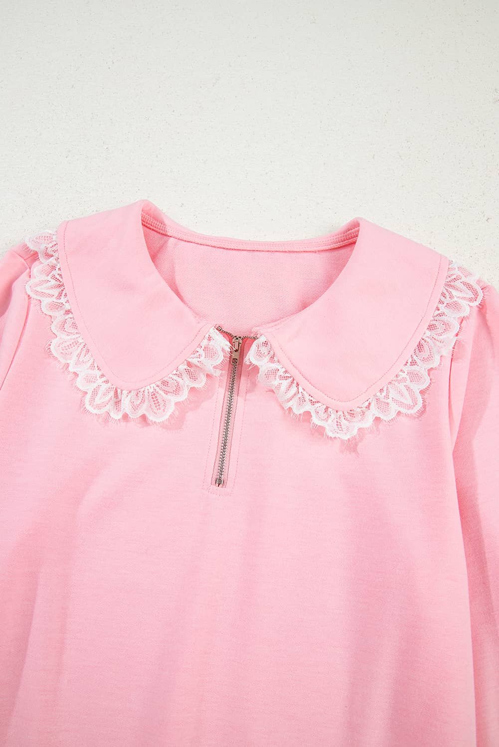 Pink Peter Pan Lace Embellished Neck Collision Sweatshirt And Skirt Two Piece Set