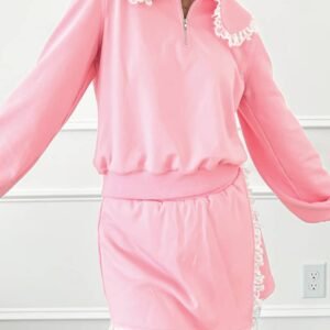 Pink Peter Pan Lace Embellished Neck Collision Sweatshirt And Skirt Two Piece Set