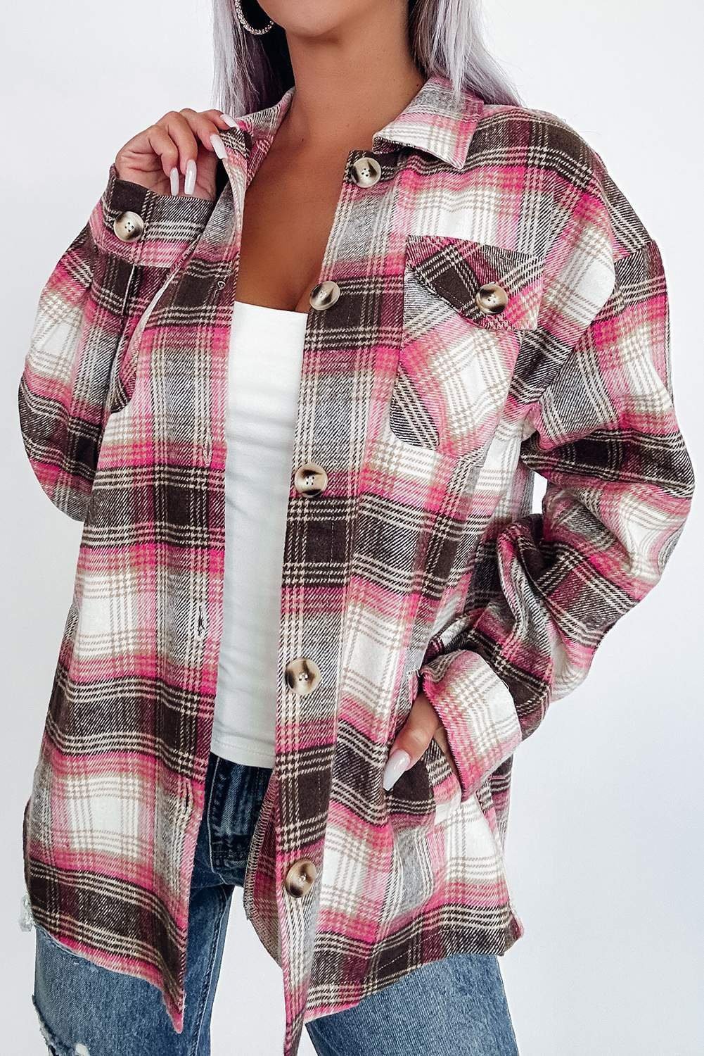 Pink Plaid Flap Pocket Button Up Shacket