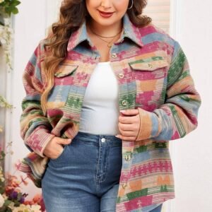 Pink Plus Size Aztec Printed Flap Pocket Shacket